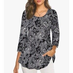 Nandashe Women 3/4 Sleeves Paisley Tunic Shirts Casual Dressy Blouse Tops Size L